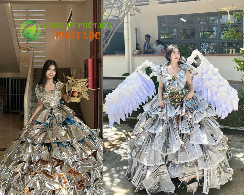 Mẫu váy thiết kế tái chế bằng giấy màu phế liệu