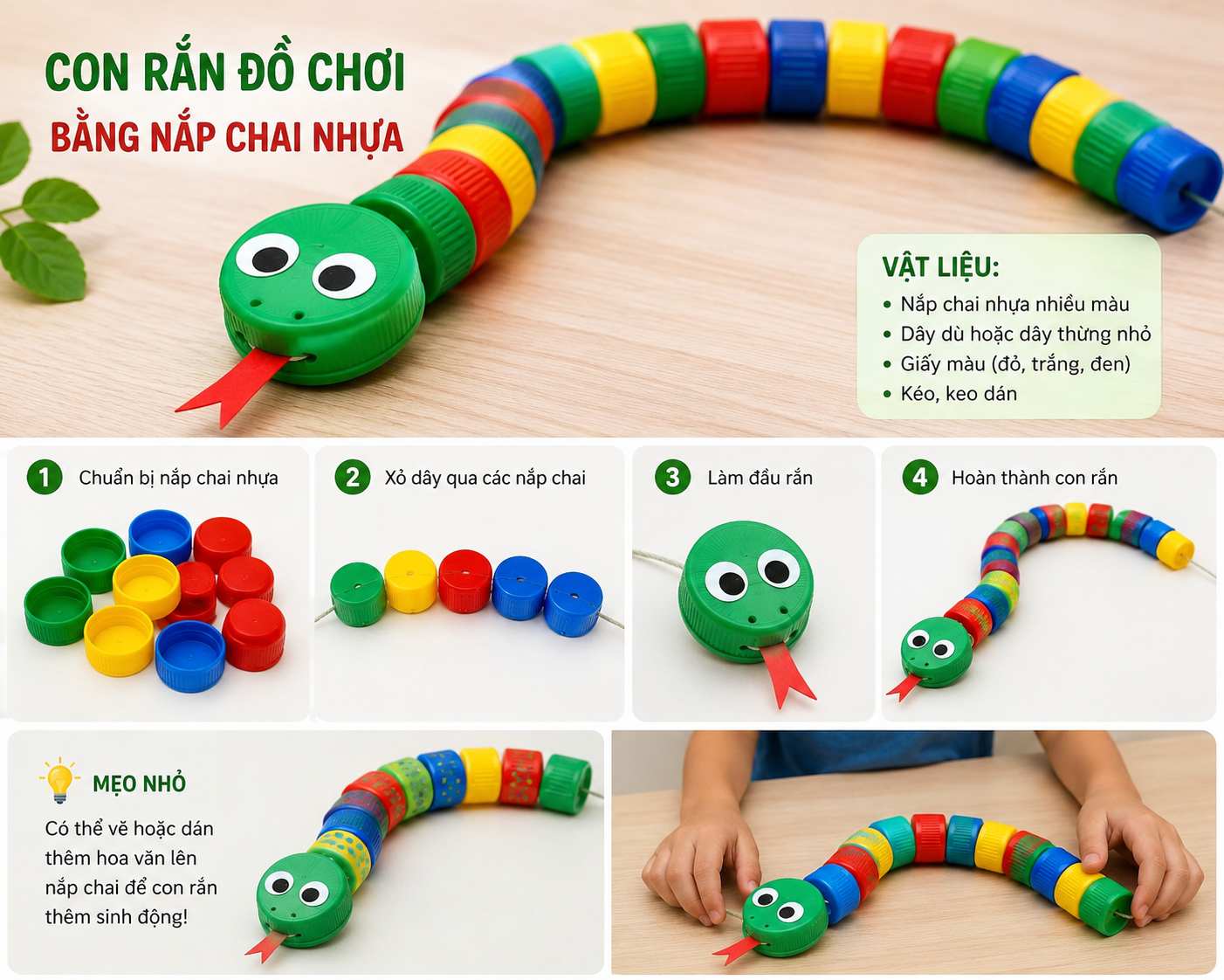 Làm con rắn đồ chơi bằng nắp chai nhựa