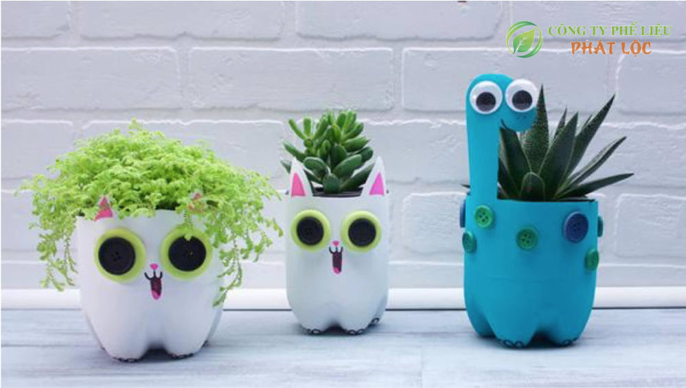 chậu hoa tái chế từ chai nhựa hình mèo dễ thương