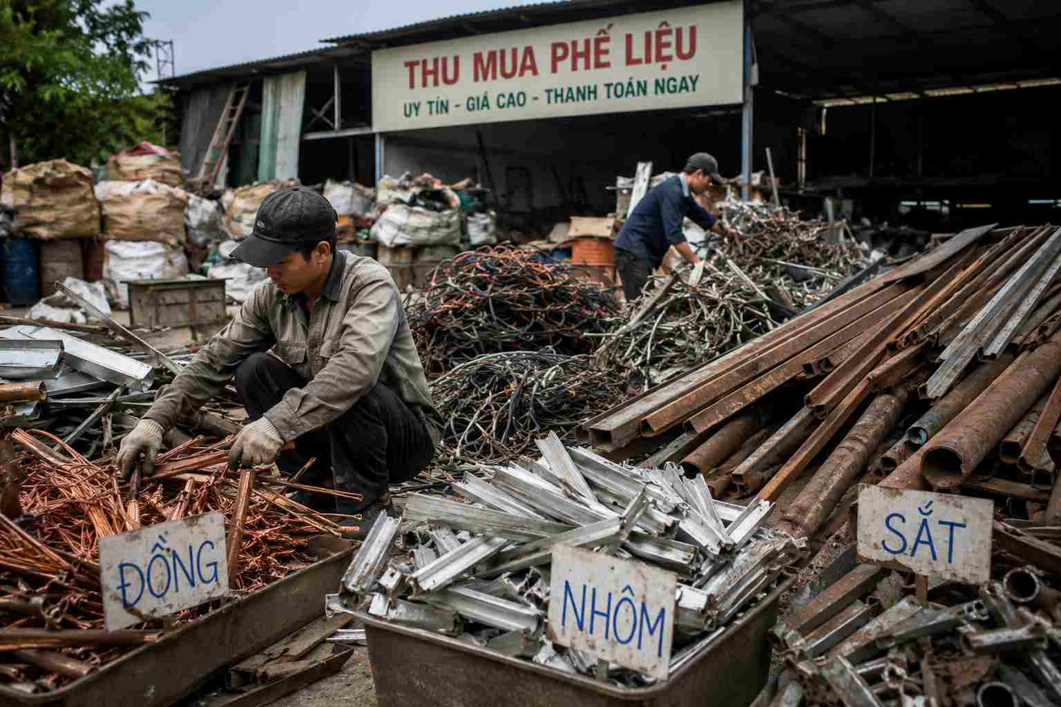 Người thu mua phế liệu đang phân loại sắt, đồng, nhôm tại bãi tập kết.